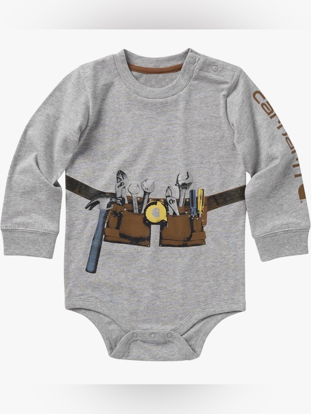 Carhartt Grey Long-Sleeve Baby Bodysuit with Tool Belt Graphic